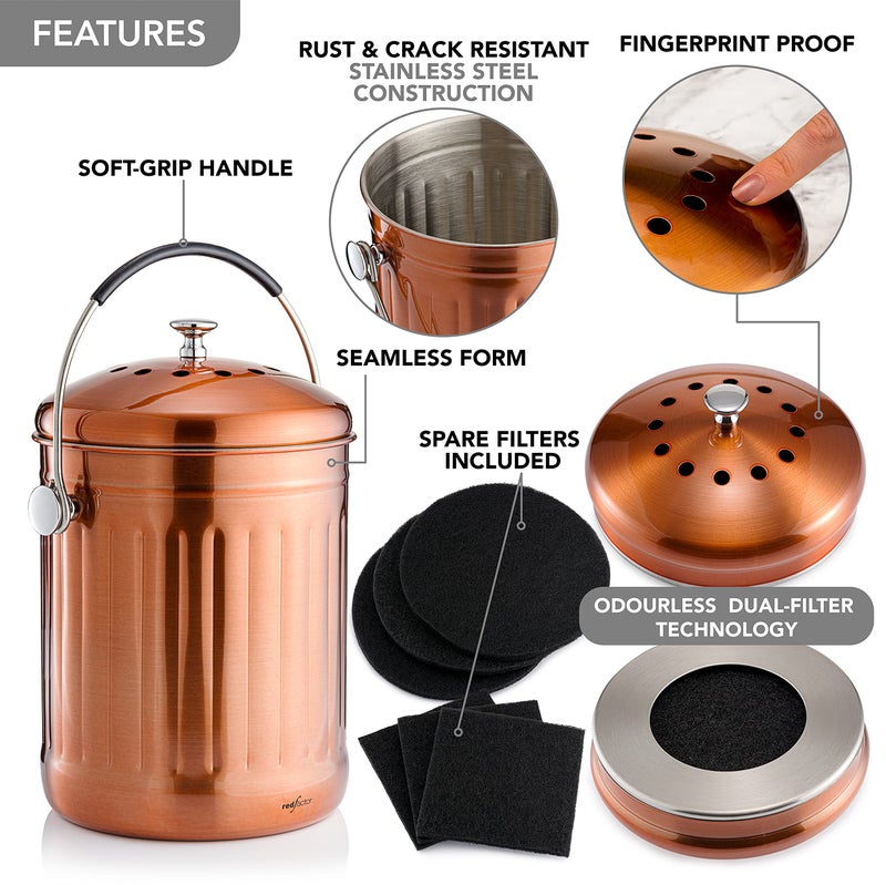 RED FACTOR Premium Compost Bin for Kitchen Countertop - Stainless Steel Food Waste Bucket with Innovative Dual Filter Technology - Includes Spare Filters (Matt Copper, 1.3 Gallon) - Image 5